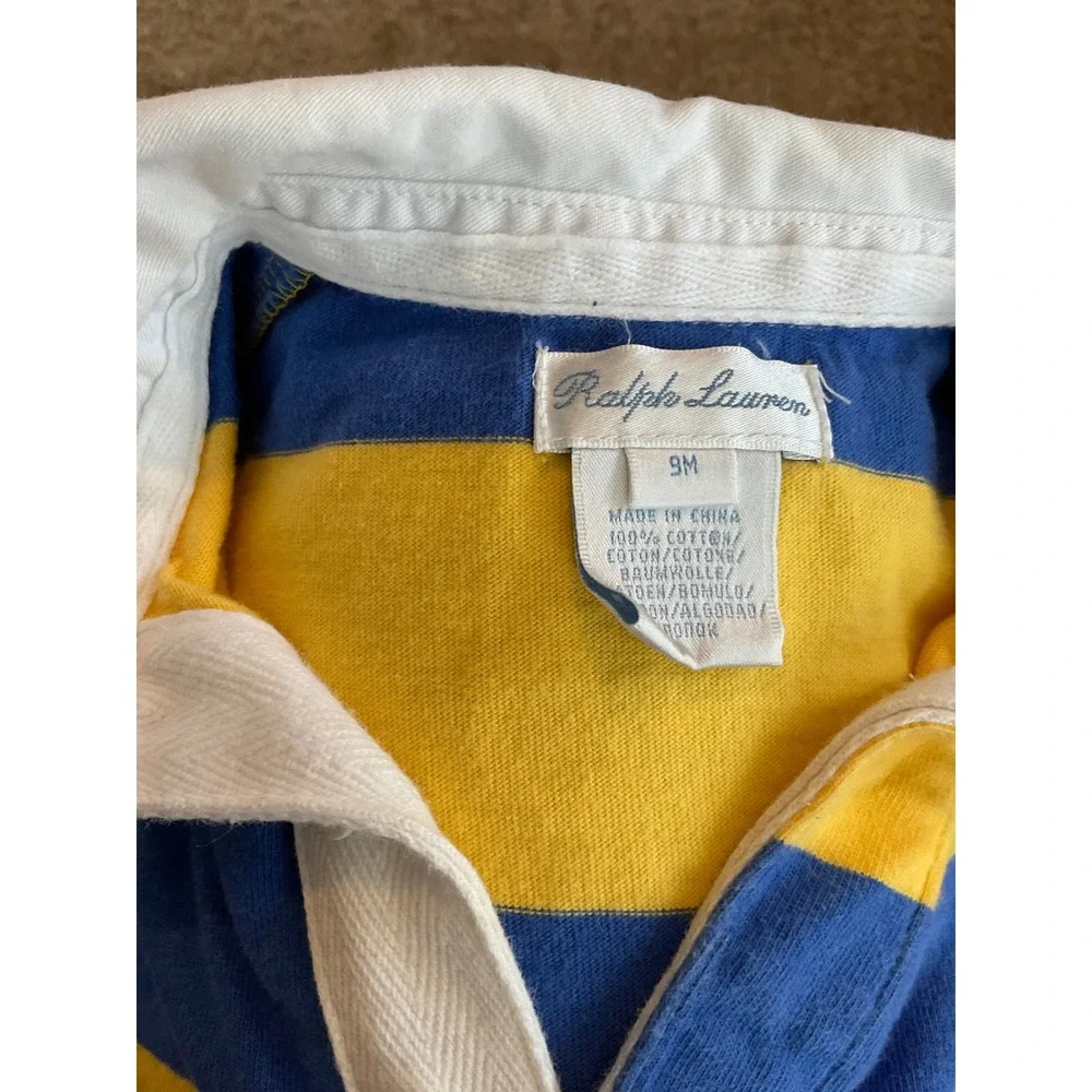 Ralph Lauren Boy 9M Yellow Blue Striped Long Sleeve Rugby Shirt Cotton Pony Logo